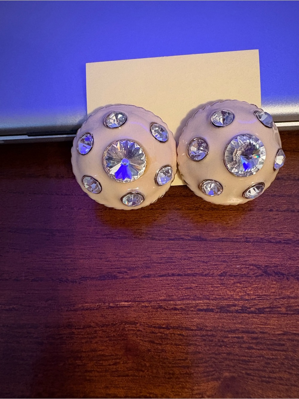 Vintage Blush Round Button Earrings with Clear Crystals